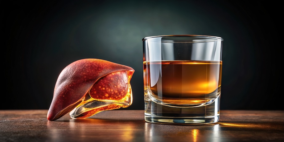 A digital rendering of a liver and a glass of liquor on a wooden surface