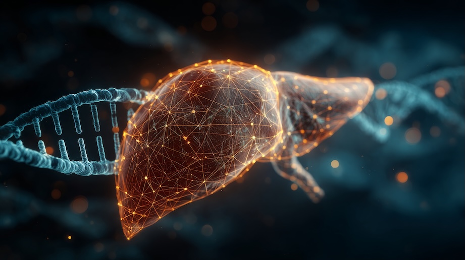 A stylized 3D rendering of a liver in front of a DNA strand with an orange wireframe projected on top of it