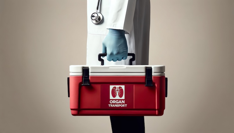A doctor holding an organ transplant cooler