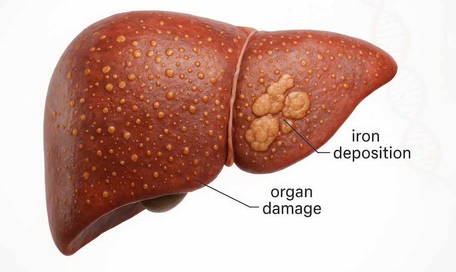 A liver with organ damage and iron deposition