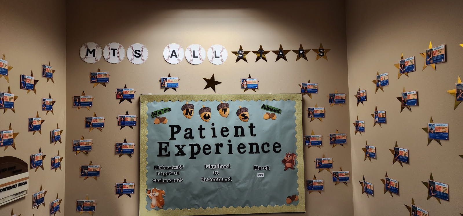 The All-Star wall full of personally made baseball cards for each employee