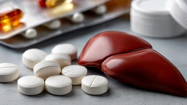 A plastic liver on a desk next to some white pills